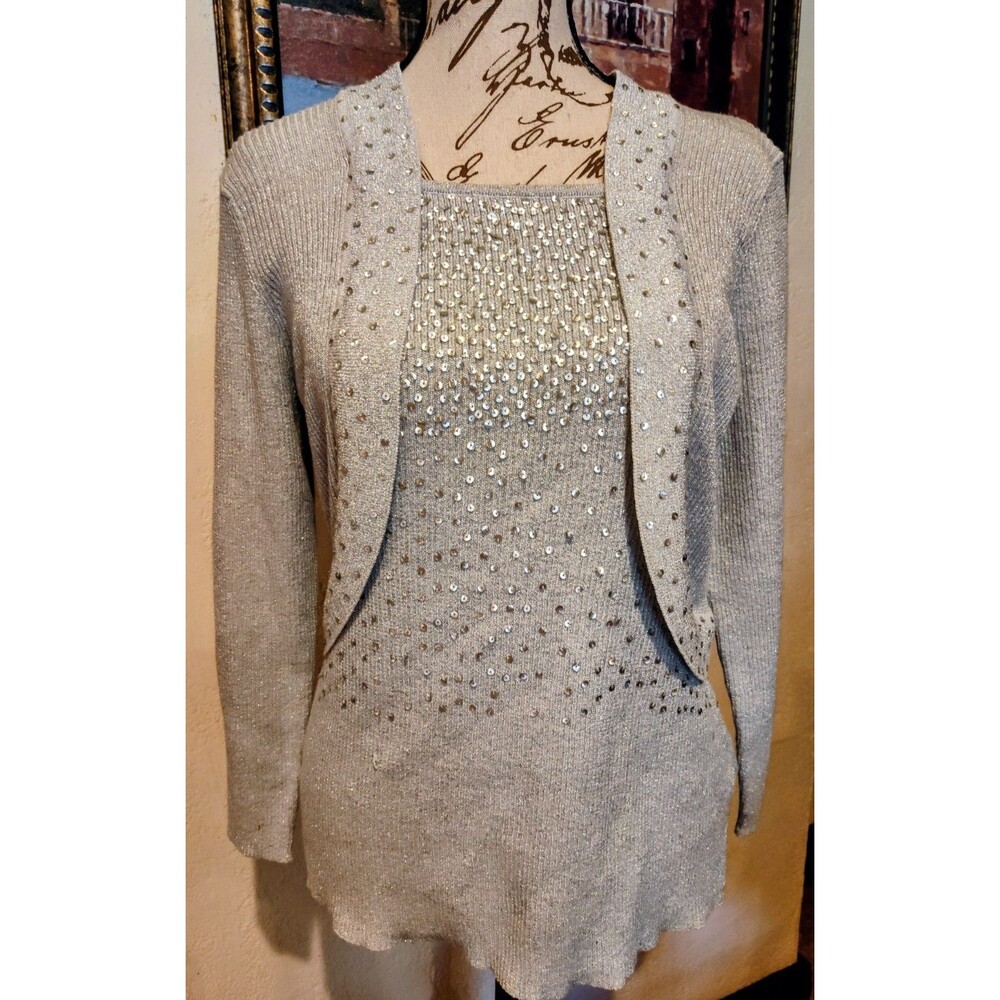DressBarn Collection Festive Silver Thread sparkly sequins Womens Sweater Size L